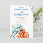 キュートブルー&オレンジコーラルドルフィン子供の誕生日 招待状 (スタンド正面)