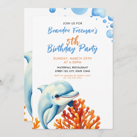 キュートブルー&オレンジコーラルドルフィン子供の誕生日 招待状 (正面/裏面)