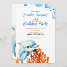 キュートブルー&オレンジコーラルドルフィン子供の誕生日 招待状