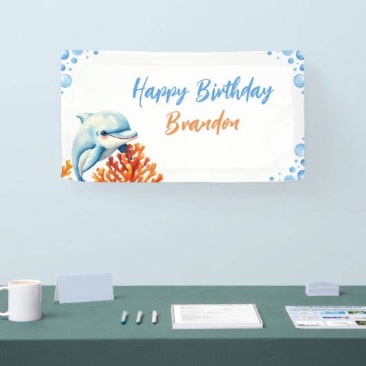 キュートブルー&オレンジコーラルドルフィン子供の誕生日 横断幕 (トレードショー)