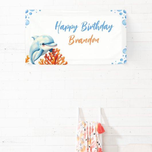 キュートブルー&オレンジコーラルドルフィン子供の誕生日 横断幕 (インサイチュ)