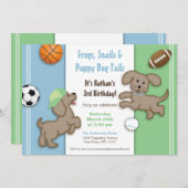 キュートブルー&グリーンスポーティー子犬招待状 招待状 (正面/裏面)