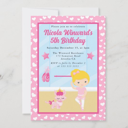 キュートブロンドガールバレリーナ子供の誕生日 招待状 (正面)