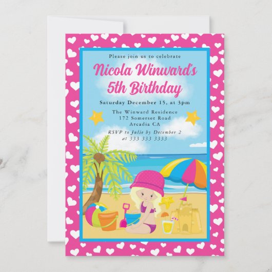 キュートブロンドガールビーチ子供の誕生日 招待状 (正面)