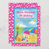 キュートブロンドガールビーチ子供の誕生日 招待状 (正面/裏面)