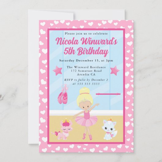 キュートブロンドバレリーナ子供の誕生日 招待状 (正面)