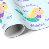 キュートブロンドパープルマーメイドパーソナライズされた誕生日 ラッピングペーパー (ロールコーナー)