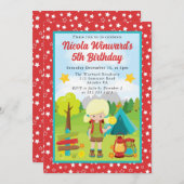 キュートブロンドヘアガールキャンピング子供の誕生日 招待状 (正面/裏面)