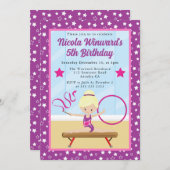 キュートブロンドヘアガールギムナスト子供の誕生日 招待状 (正面/裏面)