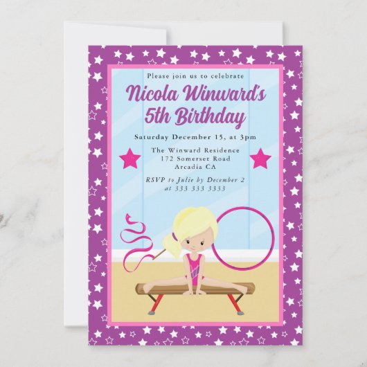 キュートブロンドヘアガールギムナスト子供の誕生日 招待状 (正面)