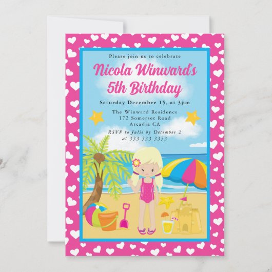 キュートブロンドヘアガールビーチ子供の誕生日 招待状 (正面)