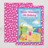 キュートブロンドヘアガールビーチ子供の誕生日 招待状 (正面/裏面)