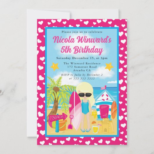 キュートブロンドヘアガールビーチ子供の誕生日 招待状 (正面)