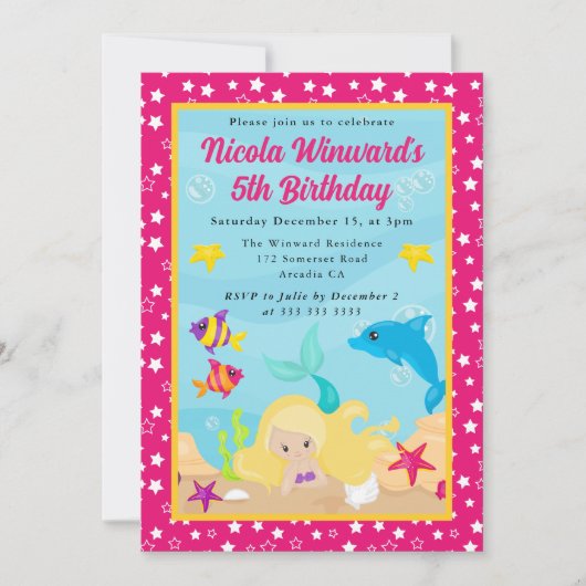 キュートブロンドヘドマーメイド子供の誕生日 招待状 (正面)