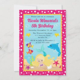 キュートブロンドヘドマーメイド子供の誕生日 招待状