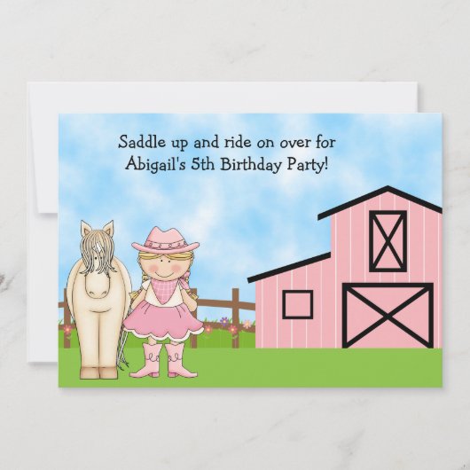 キュートブロンド女性のカーボーイアンドホース誕生日招待状 招待状 (正面)
