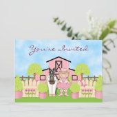 キュートブロンド女性のカーボーイ絵を描アンドホース誕生日招待状 招待状 (スタンド正面)