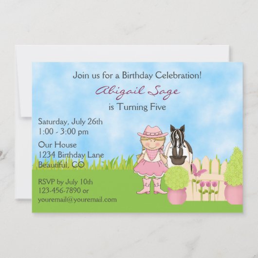 キュートブロンド女性のカーボーイ絵を描アンドホース誕生日招待状 招待状 (裏面)