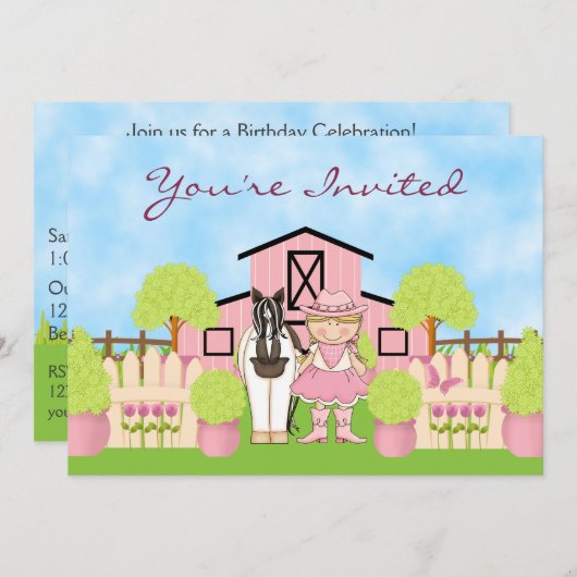 キュートブロンド女性のカーボーイ絵を描アンドホース誕生日招待状 招待状 (正面/裏面)