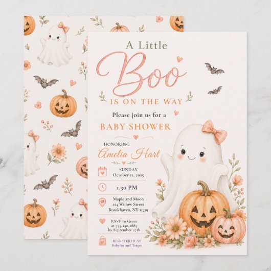 キュートブーハロウィンベイビーシャワーピンクパンプキン 招待状 (正面/裏面)