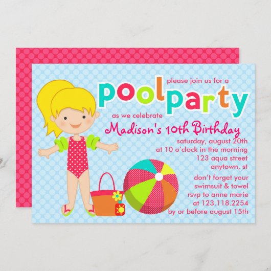 キュートプモダンールパーティーガールズ誕生日 招待状 (正面/裏面)