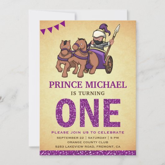 キュートプリンスパープルグリッターファースト誕生日招待状 招待状 (正面)