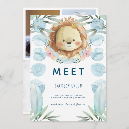 キュートプリンスライオンイラストレーションフォトコラージュ誕生 案内状 (正面/裏面)