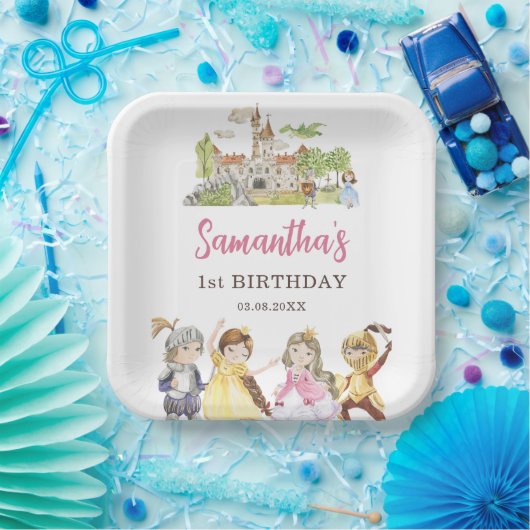 キュートプリンセスアンド騎士誕生日スクエア ペーパープレート (パーティー)