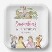 キュートプリンセスアンド騎士誕生日スクエア ペーパープレート (正面)