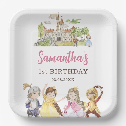 キュートプリンセスアンド騎士誕生日スクエア ペーパープレート (正面)
