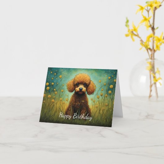 キュートプードルフラワーメドウハッピーバースデー カード (黄色い花)