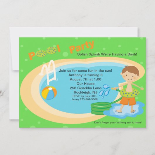 キュートプールパーティーボーイズ誕生日招待状 招待状 (正面)