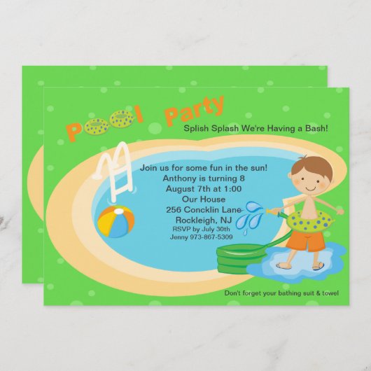 キュートプールパーティーボーイズ誕生日招待状 招待状 (正面/裏面)