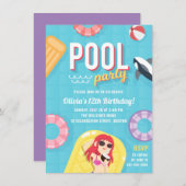 キュートプールパーティー誕生日招待状 |紫（青） 招待状 (正面/裏面)
