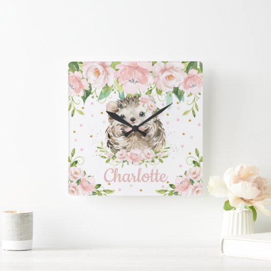 キュートヘッジホッグピンクフローラガールベッドルームデコレーション スクエア壁時計 (ホーム)