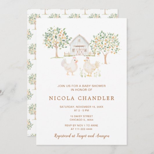 キュートヘンズファームバームベビーシャワー 招待状 (正面/裏面)