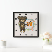 キュートベアイエローフラワー&フローラリースモノグラム スクエア壁時計 (ホーム)