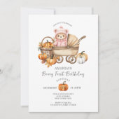 キュートベアギンガムパンプキンピンクファースト誕生日 招待状 (正面)