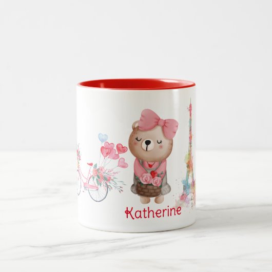 キュートベアサイクルエッフェルタワーパーソナライズされた名 ツートーンマグカップ (中央)