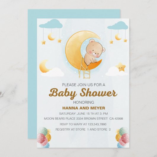 キュートベアテーマガールベビーシャワー招待状 招待状 (正面/裏面)