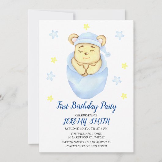 キュートベアテーマ少年の誕生日パーティー セーブザデート (正面)