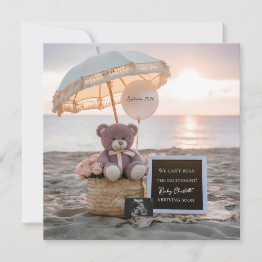 キュートベアビーチサンセット妊娠発表 招待状 (正面)