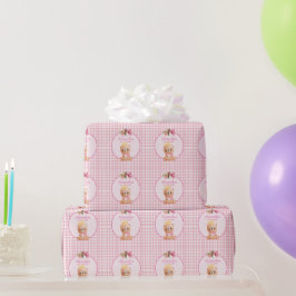 キュートベアピンクギンガムガールパーソナライズされたズ誕生日 ラッピングペーパー