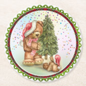 キュートベアファミリークリスマスツリー紙吹雪ホリデー ラウンドペーパーコースター (正面)