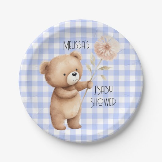 キュートベアフローラギンガムパターン男の赤ちゃんシャワー ペーパープレート (正面)