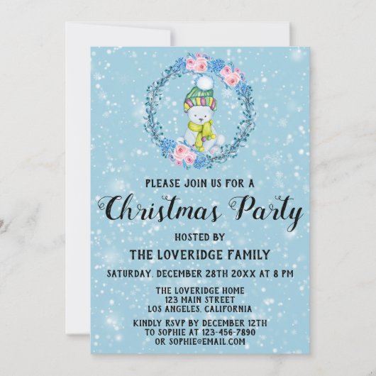 キュートベアリースホリデークリスマスパーティーブルースノー 招待状 (正面)