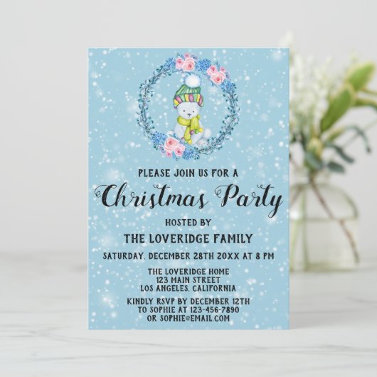 キュートベアリースホリデークリスマスパーティーブルースノー 招待状 (スタンド正面)
