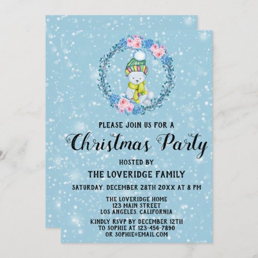 キュートベアリースホリデークリスマスパーティーブルースノー 招待状 (正面/裏面)