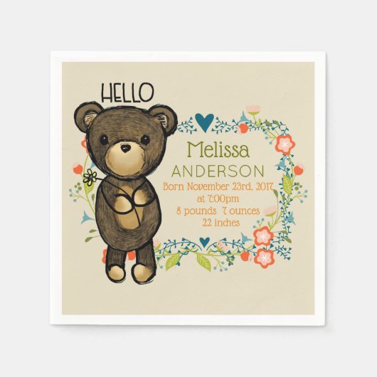 キュートベアーイエローフラワー&フローラリース誕生 スタンダードカクテルナプキン (正面)