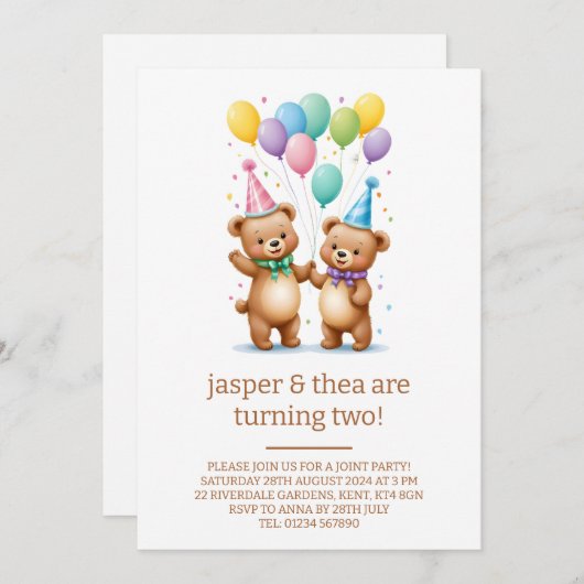 キュートベアーツインズ2nd誕生日パーティの招待状 招待状 (正面/裏面)